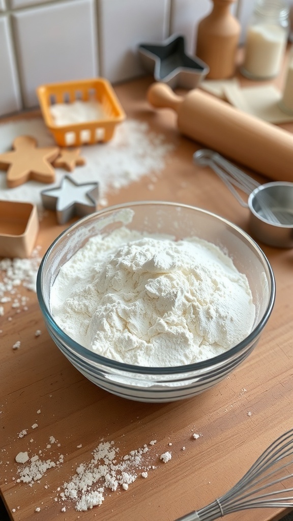 A bowl of all-purpose flour with measuring tools on a kitchen countertop.